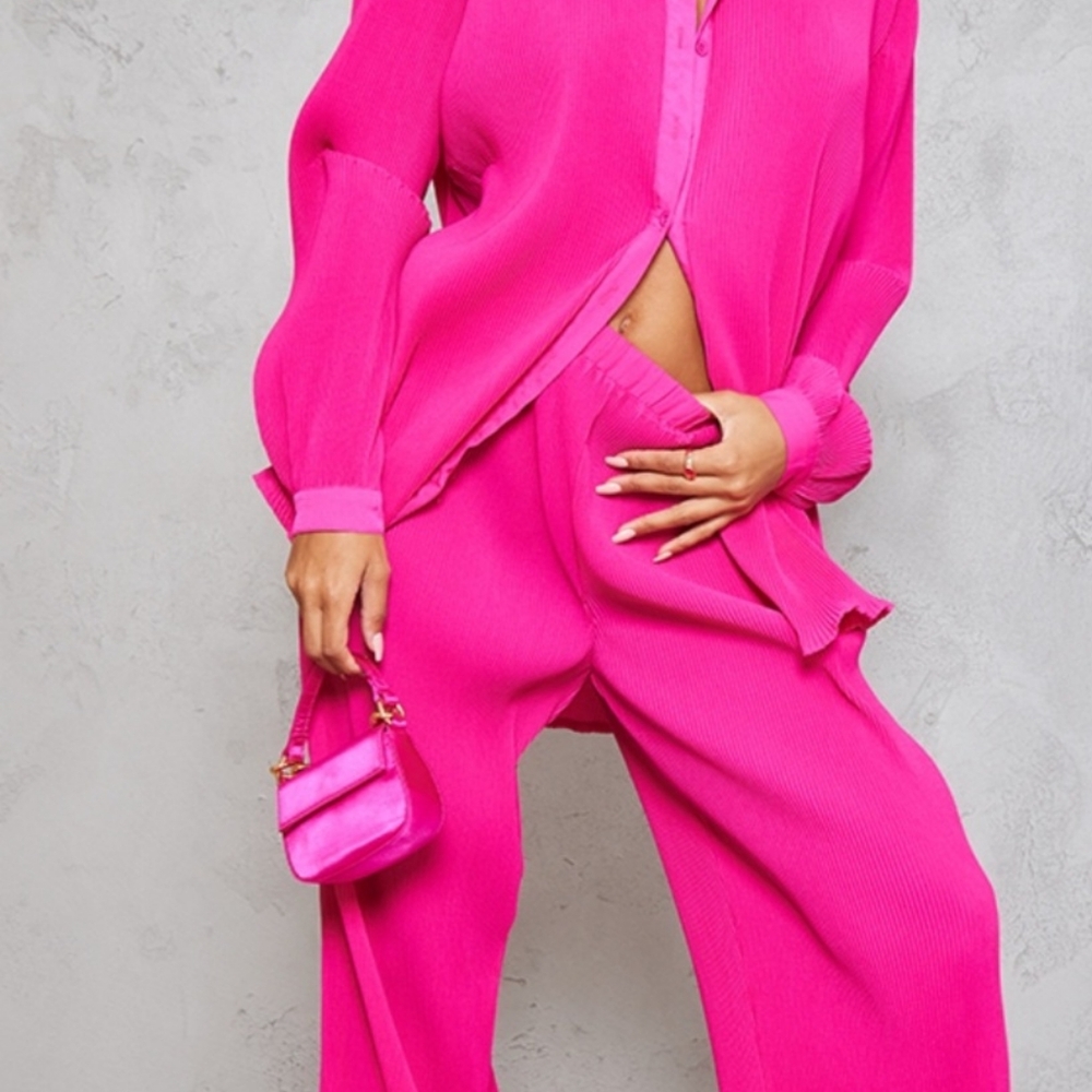 Hot Pink Plisse High Waisted Wide Leg Pants